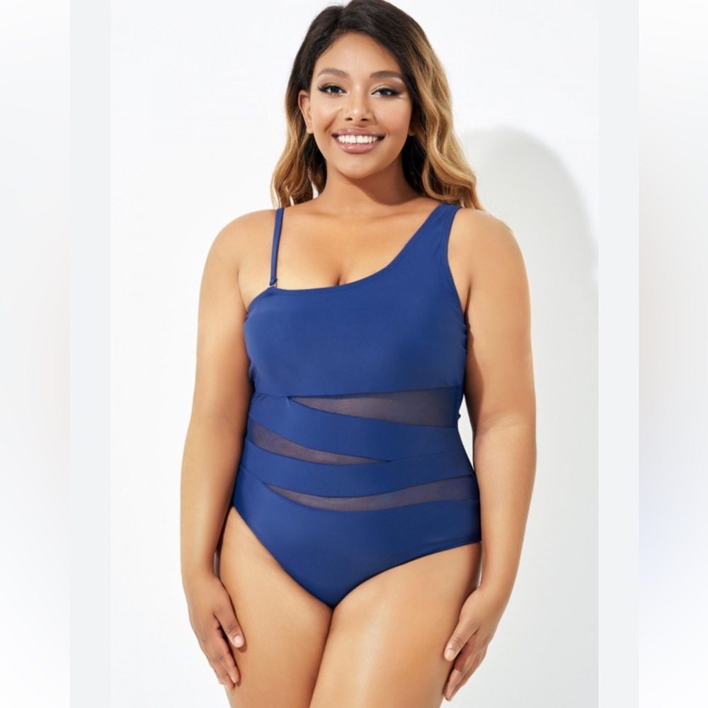 Navy one shoulder swimsuit with mesh by Pink Lily